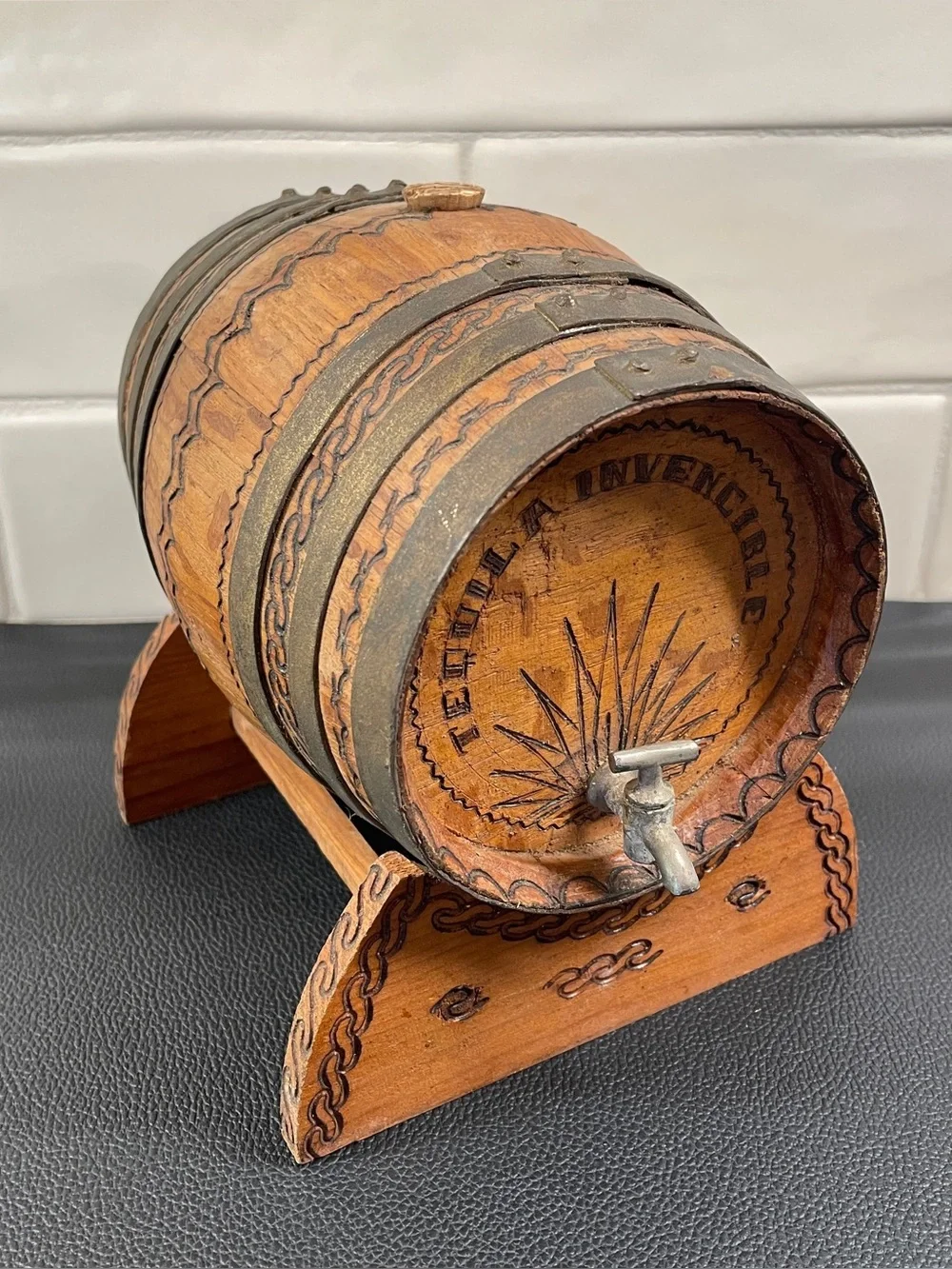 Old Miniature Wooden Tequila Barrel With Spout and Stand
